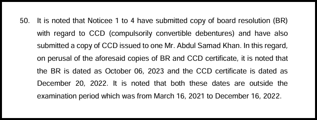 SEBI order paragraph 50 on board resolution and CCD certificate dated outside the examination period