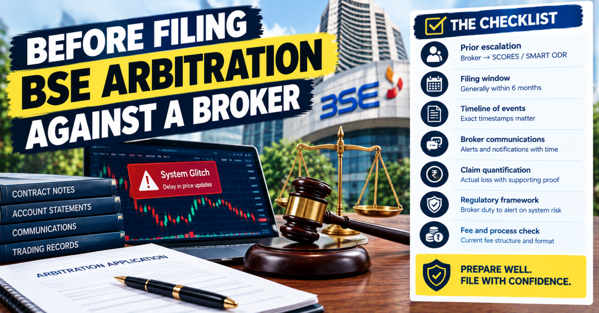 BSE arbitration against broker checklist showing filing window, broker communications, claim evidence and arbitration process