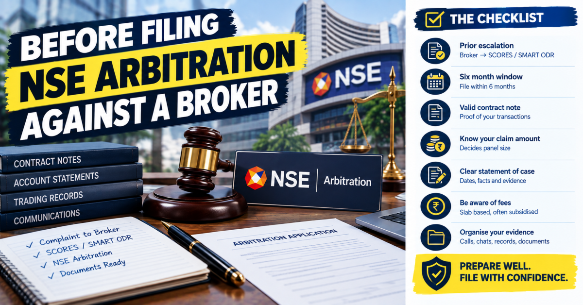 NSE arbitration against broker checklist showing documents, claim value, filing deadline and arbitration process