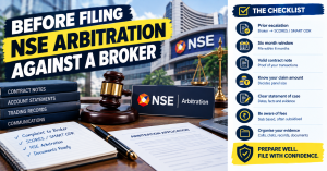 NSE arbitration against broker checklist showing documents, claim value, filing deadline and arbitration process