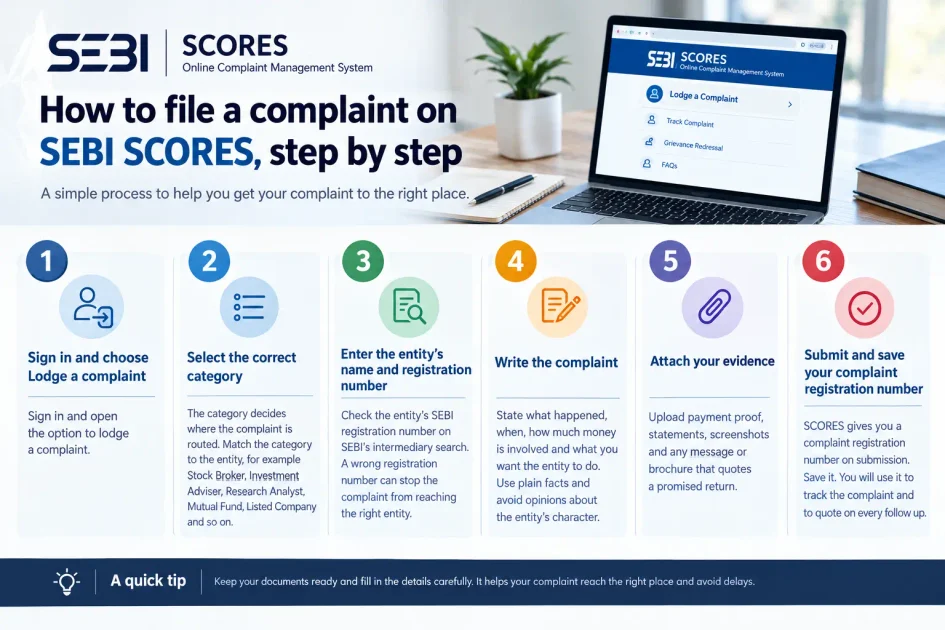 How to file a complaint to SEBI online using the SEBI SCORES 2.0 complaint portal with steps to register and submit a complaint