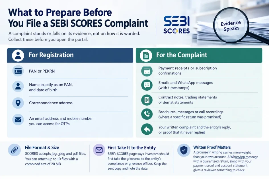 SEBI SCORES complaint online document checklist showing evidence needed to file a complaint to SEBI and register a complaint in the SEBI complaint portal