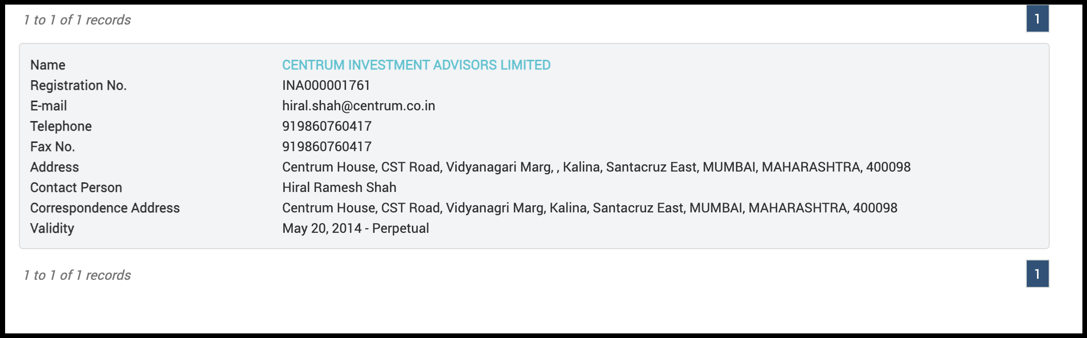 SEBI registration details page for Centrum Investment Advisors