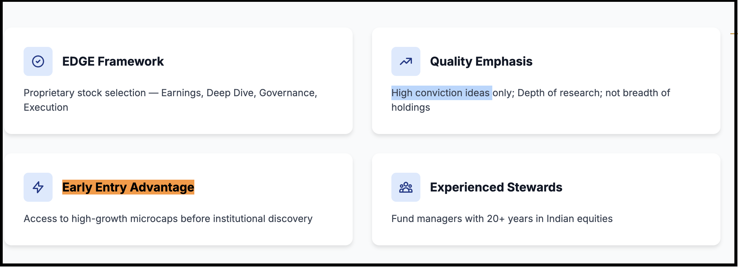 four feature cards on Centrum's website highlighting their EDGE Framework, Quality Emphasis, Early Entry Advantage, and Experienced Stewards.