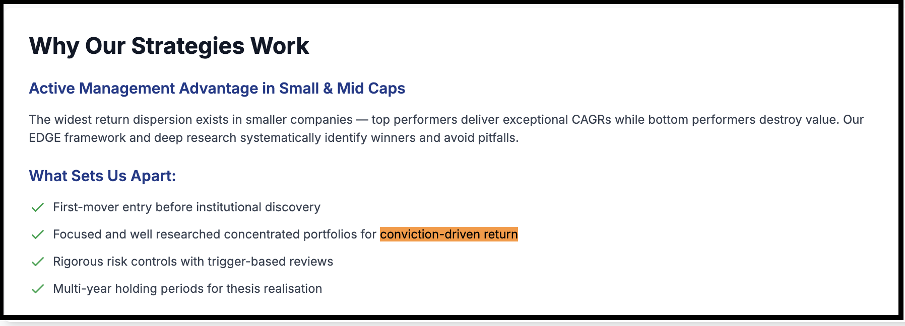 Centrum website section titled "Why Our Strategies Work" highlighting their Active Management Advantage and bullet points on microcap entry, conviction holding, and risk controls.