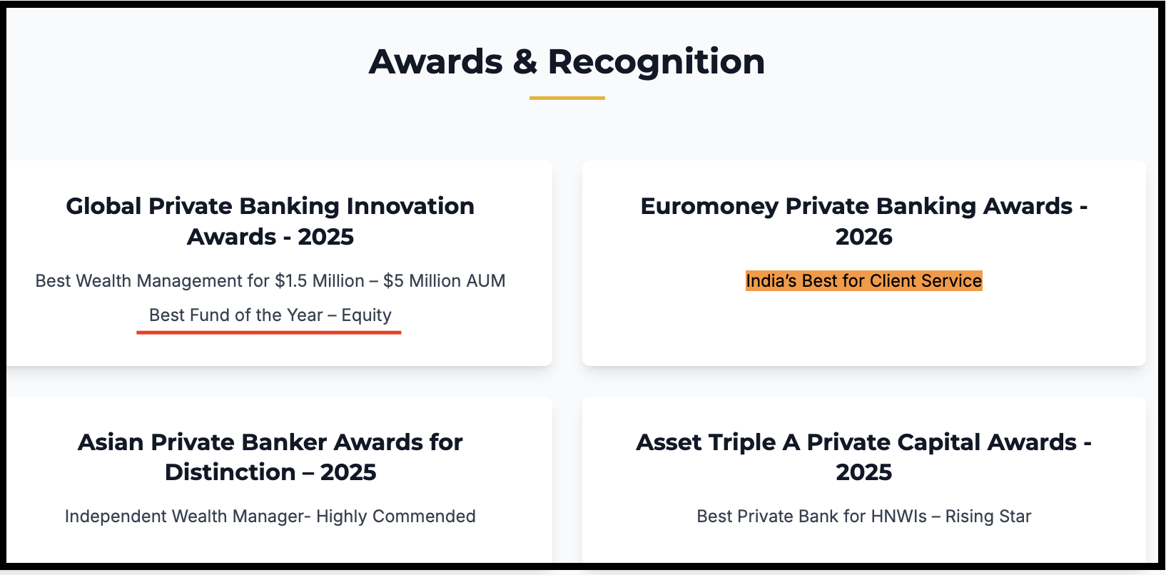 Centrum website Awards and Recognition section listing four industry awards from Euromoney, Asian Private Banker, Asset Triple A, and Global Private Banking Innovation.