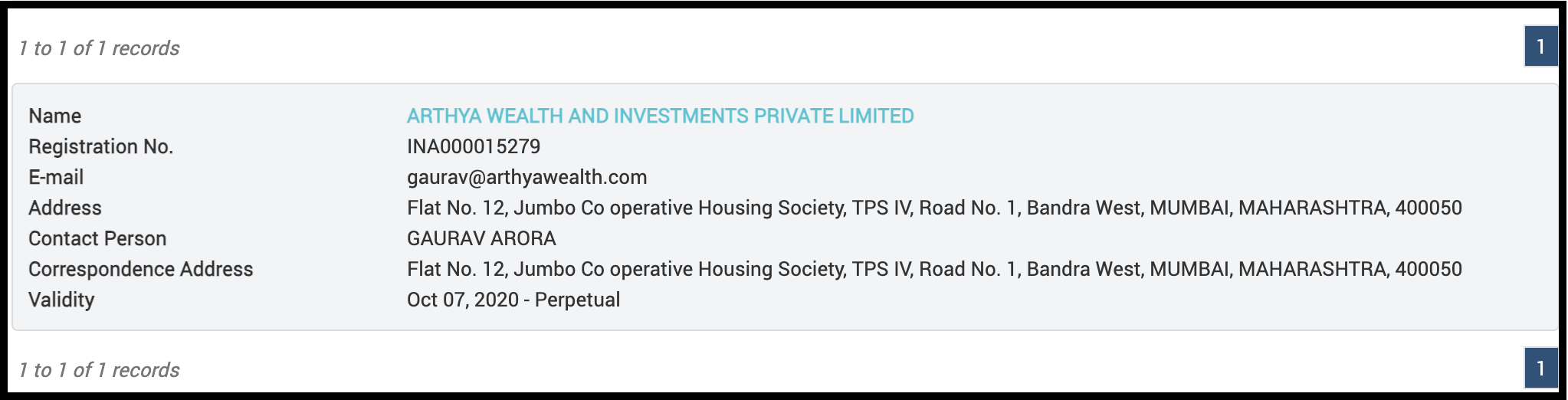 SEBI Investment Adviser registration details for Arthya Wealth