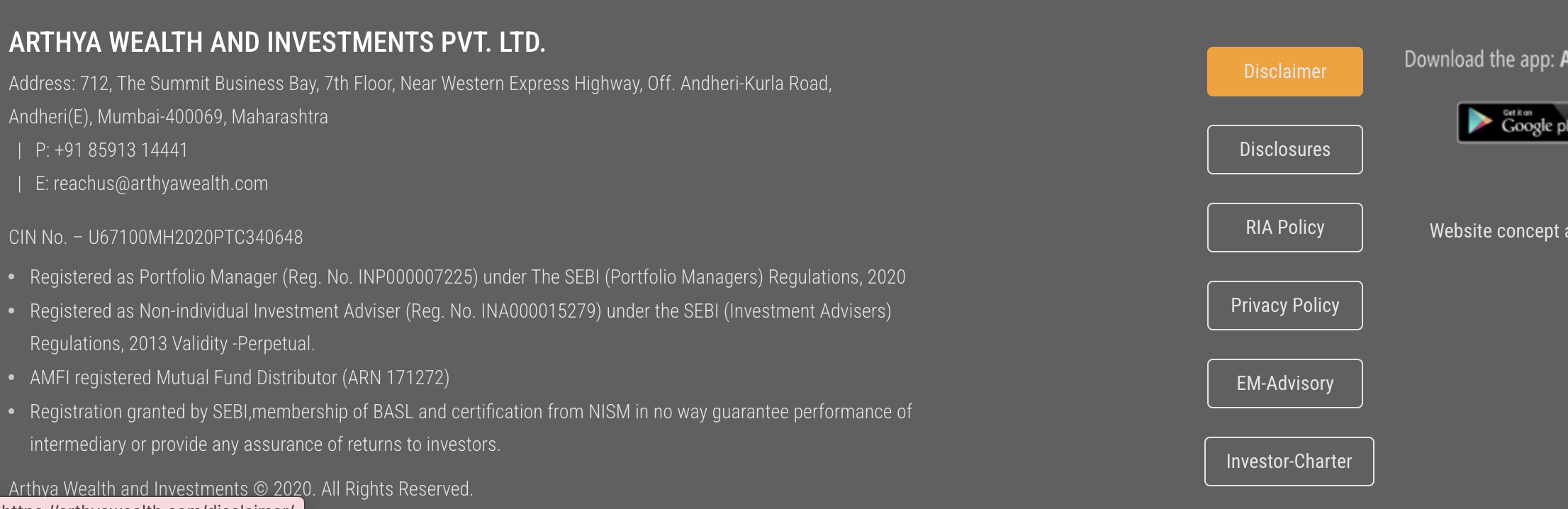 Arthya Wealth website footer displaying corporate disclosures, broken mobile app download badges, and copyright details.