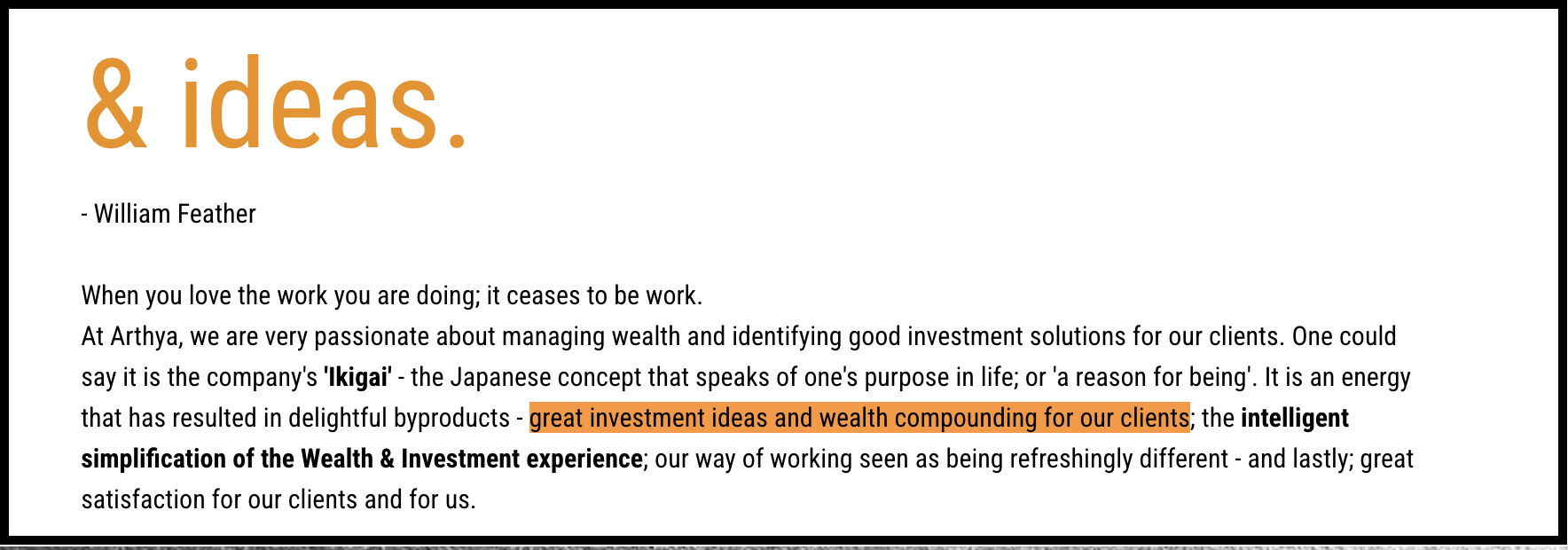 Arthya Wealth website excerpt citing William Feather quote and highlighting claims of wealth compounding and delightful client outcomes.