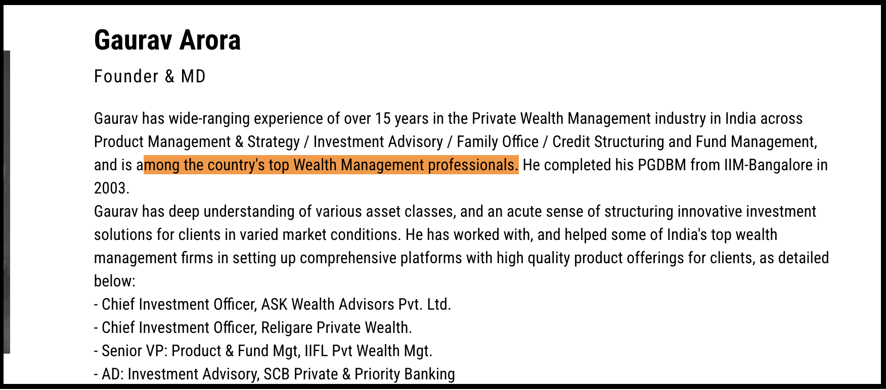 Gaurav Arora profile page on Arthya Wealth website detailing his qualifications, career history, and claim of being among the country's top wealth management professionals.