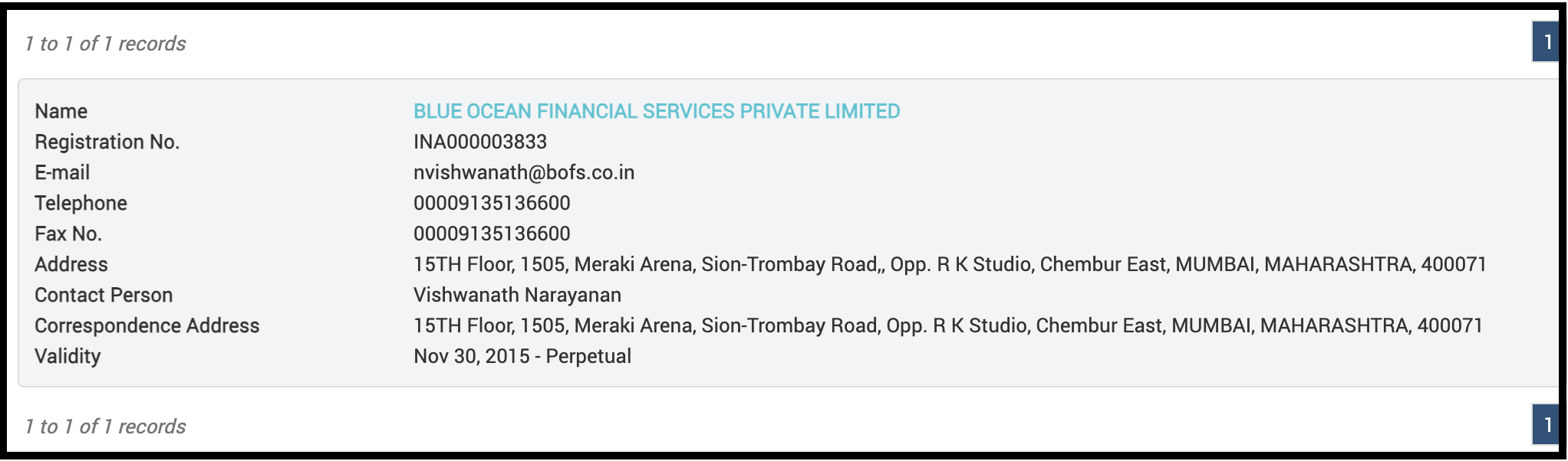 SEBI registration details page for Blue Ocean Financial Services