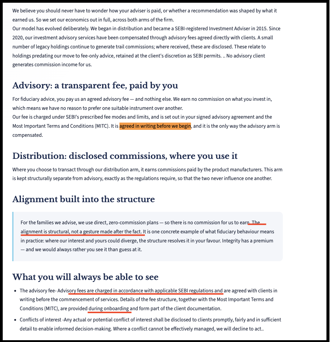 Blue Ocean Financial Services "How We Are Paid" page highlighting terms regarding advisory fees, onboarding, and client agreements.