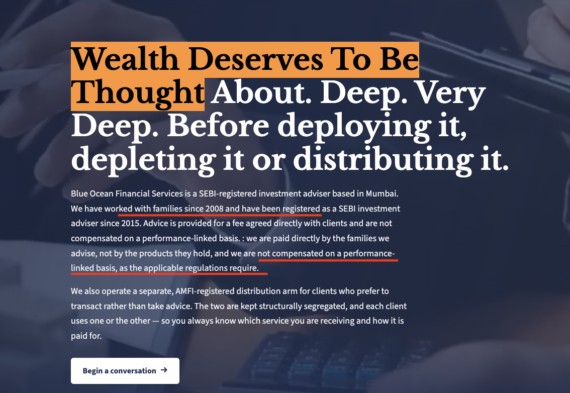 Blue Ocean Financial Services homepage displaying their tagline "Wealth Deserves To Be Thought About. Deep. Very Deep." along with introductory text on their SEBI registration and fee model.