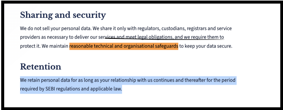 Blue Ocean Financial Services Privacy Policy highlighting sections on data sharing, safeguards, and retention policy.