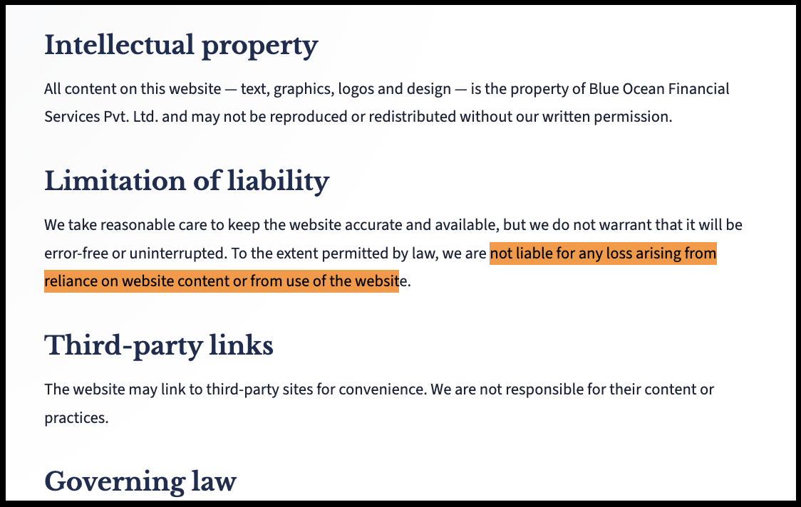 Blue Ocean Financial Services website terms covering intellectual property rights and limitation of liability clauses.
