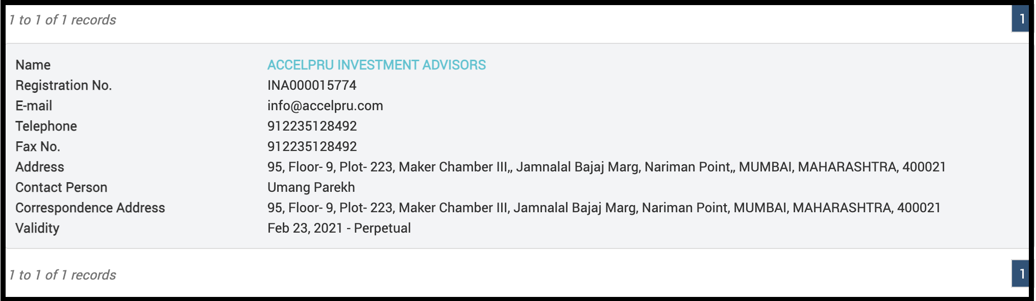 Official SEBI registration details for Accelpru Investment Advisors