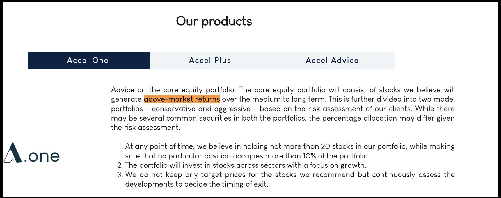 Excerpt from Accelpru's website highlighting its marketing claim regarding generating above-market returns with the Accel One core equity portfolio.
