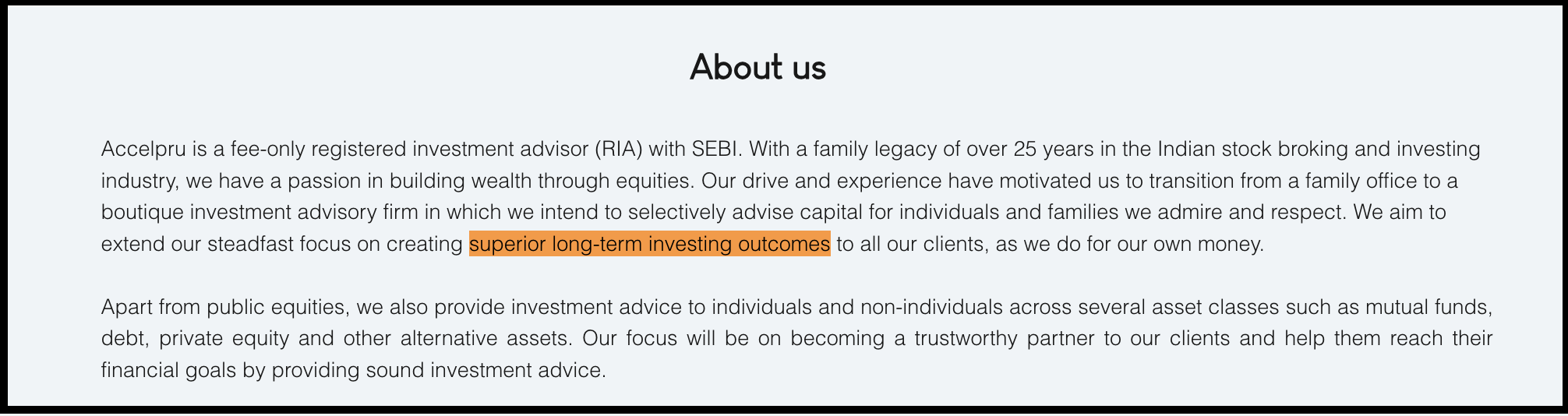 Accelpru Investment Advisors "About us" page highlighting its SEBI RIA status, 25-year family legacy, fee-only model, and skin-in-the-game policy.