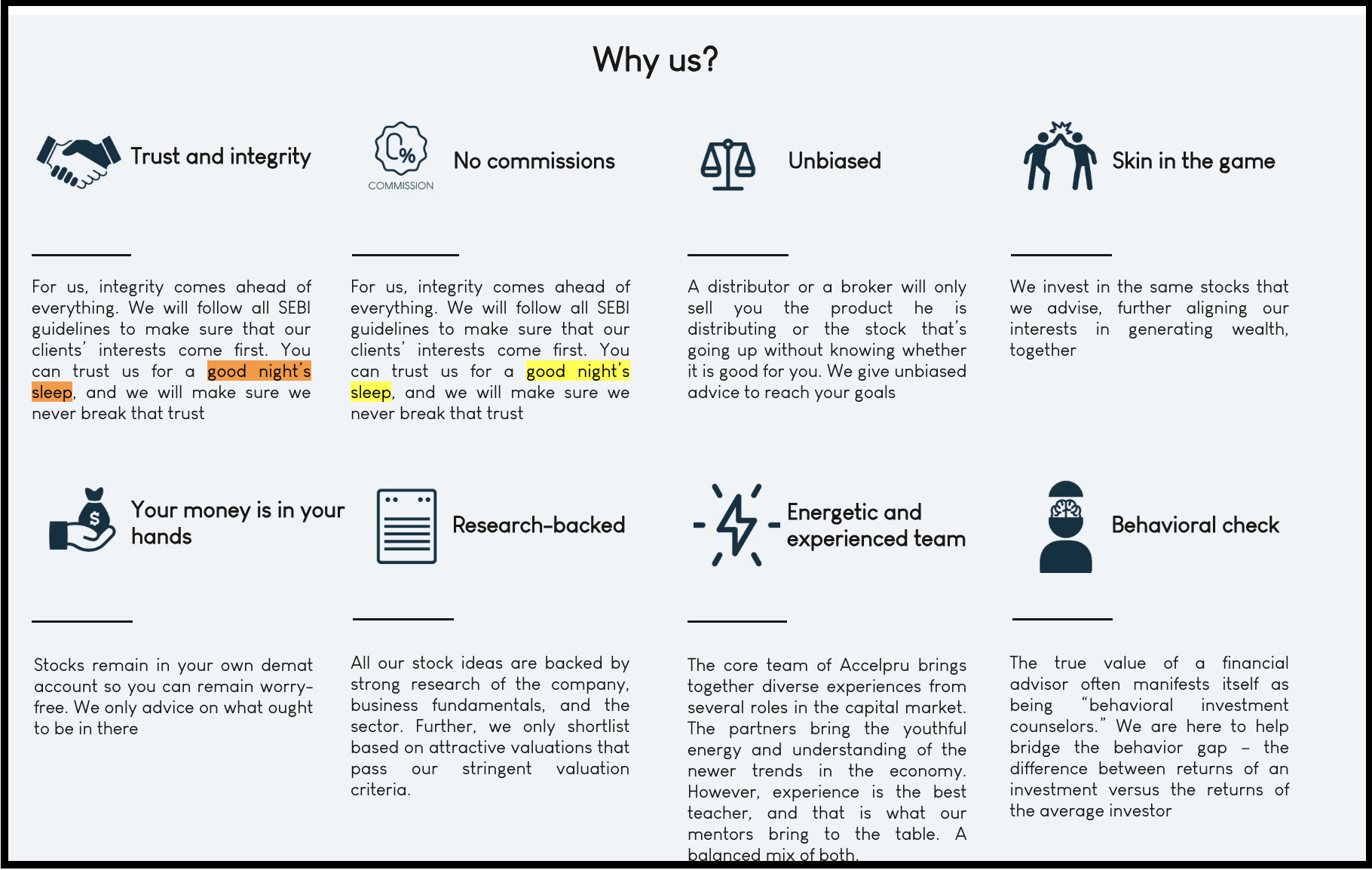 Excerpt from Accelpru's website highlighting its promotional claim offering reassurance for "a good night's sleep."