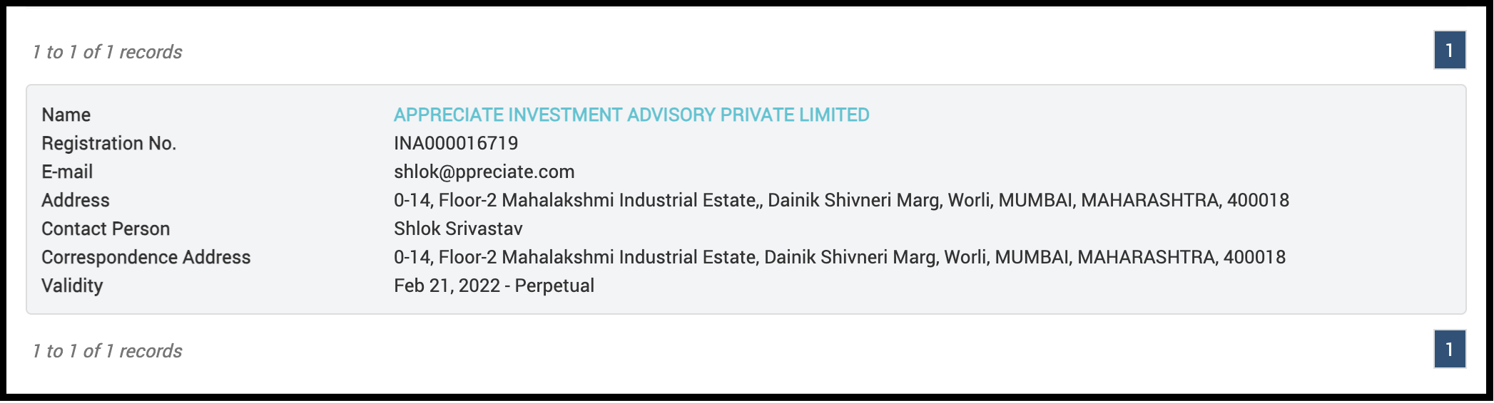 Official SEBI registration details for Appreciate Investment Advisory Private Limited