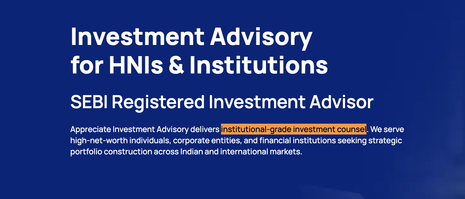 Appreciate Investment Advisory website banner highlighting its promotional claim of delivering institutional-grade investment counsel.