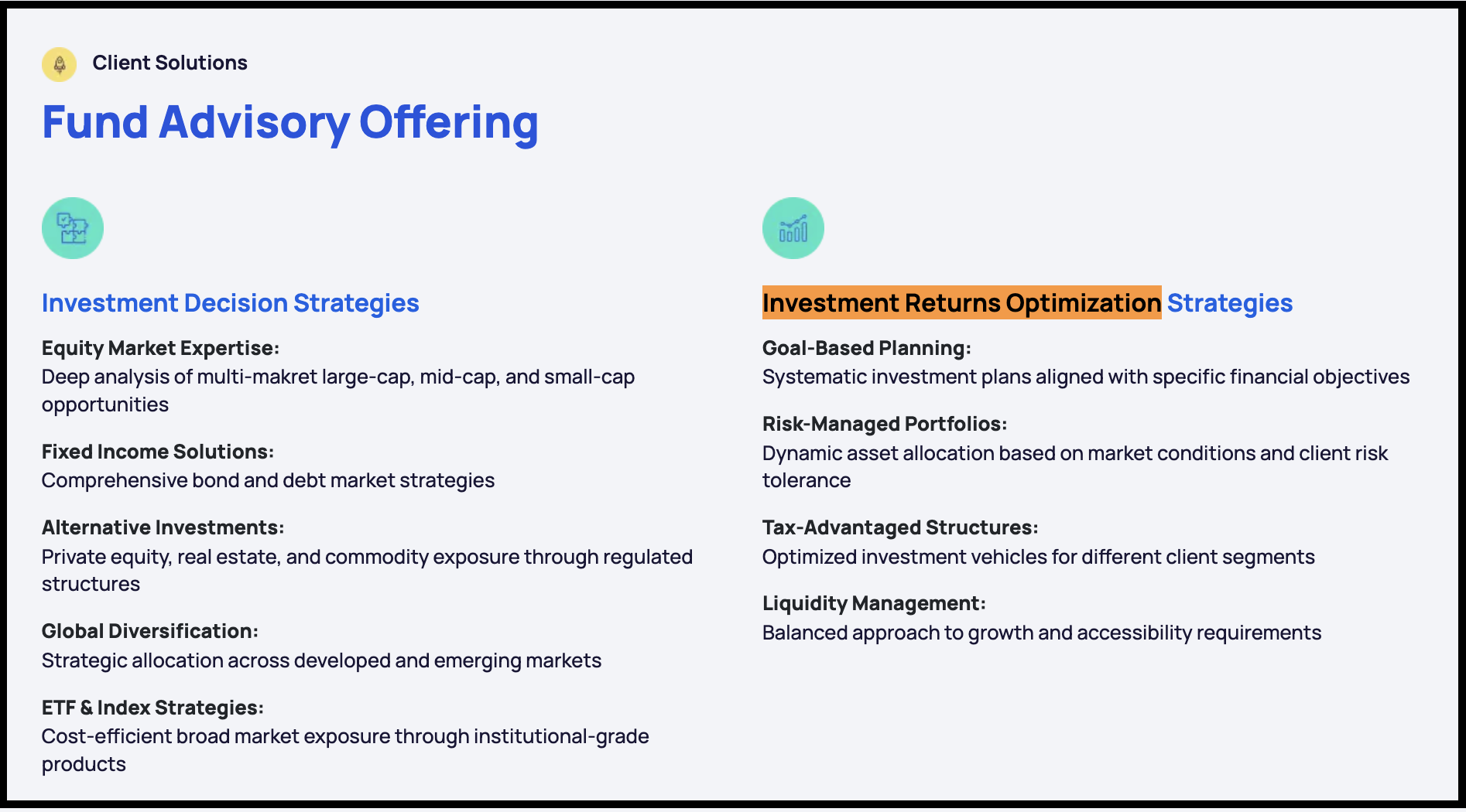 Excerpt from Appreciate's website highlighting the promotional heading "Investment Returns Optimization Strategies" across its client advisory offerings.