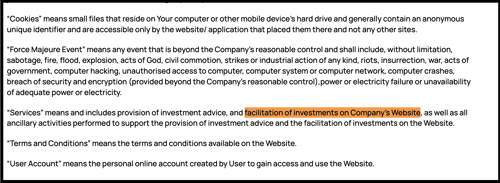 Appreciate Investment Advisory Privacy policy excerpt highlighting the clause defining services to include investment facilitation alongside advisory functions.
