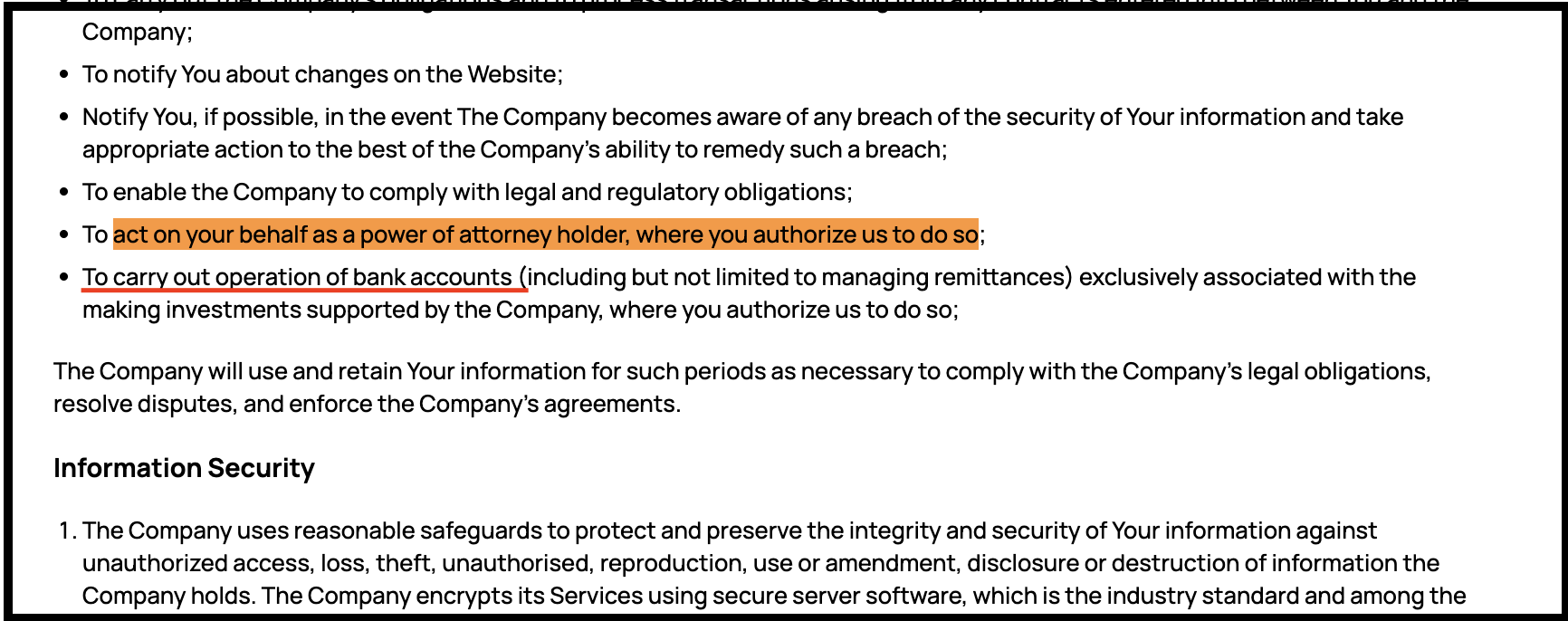 Appreciate's privacy policy highlighting clauses that permit acting as a power of attorney holder and operating bank accounts for client investments.