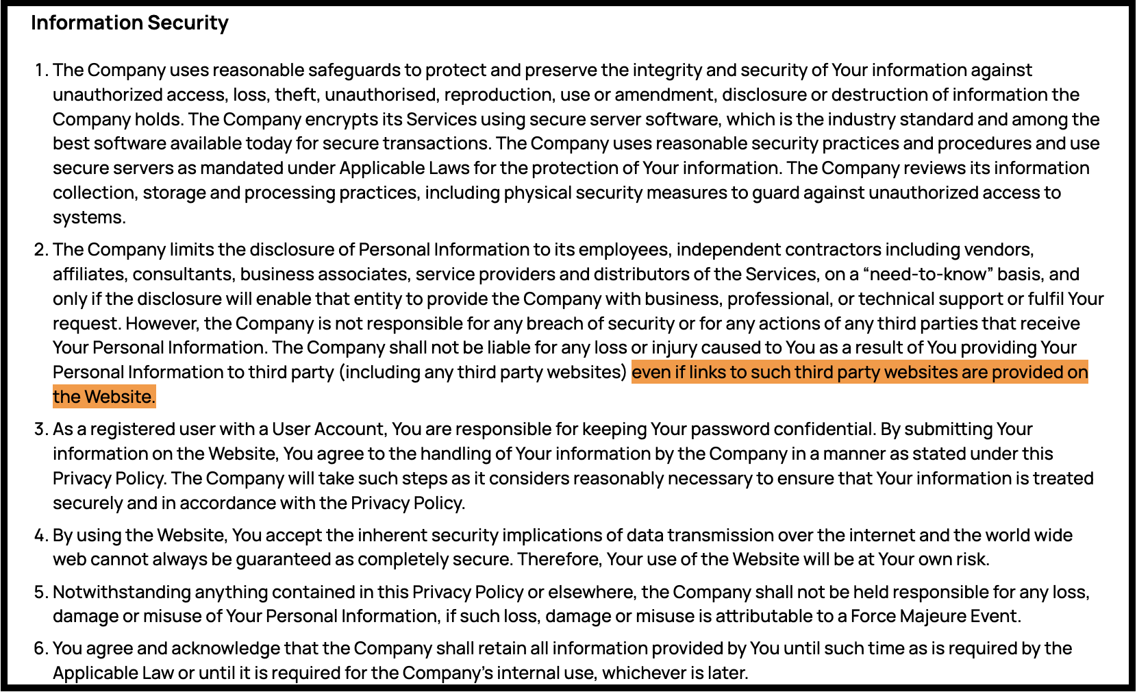 Excerpt from the Information Security policy highlighting the liability disclaimer regarding third-party links and personal information processing.