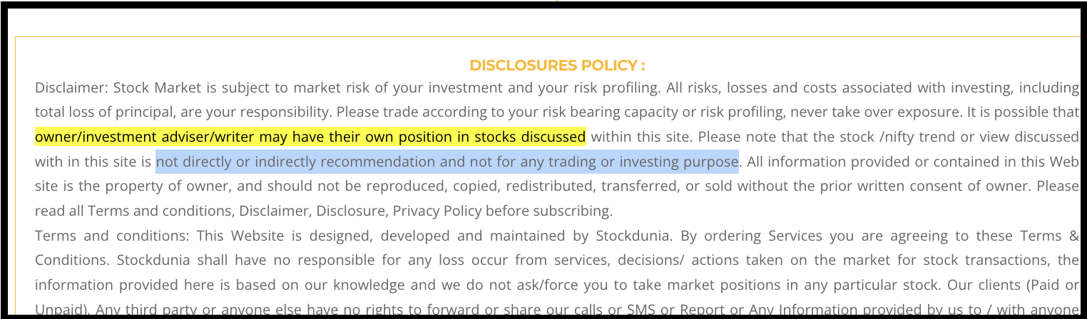 StockDunia's legal disclaimer highlighting contradictory clauses regarding adviser holdings and stock recommendations