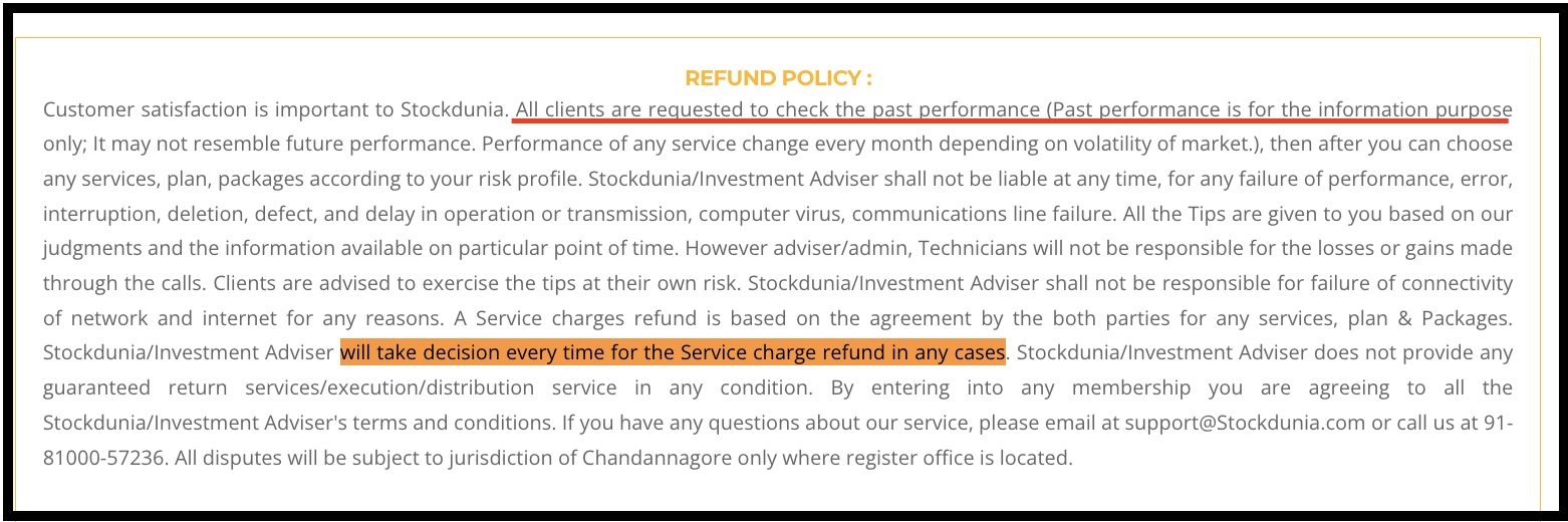 StockDunia's Refund Policy text highlighting the clause stating that the adviser will take the decision every time regarding service charge refunds.