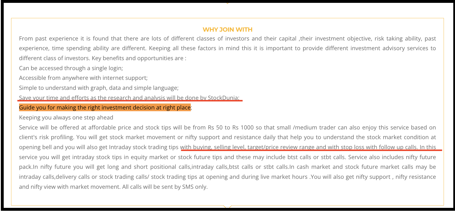 StockDunia promotional text highlighting key marketing phrases and claims regarding investment guidance.