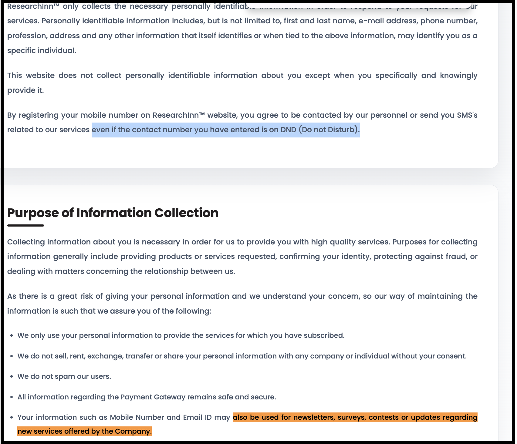 ResearchInn Investment Advisor Privacy Policy showing DND bypass and data collection terms