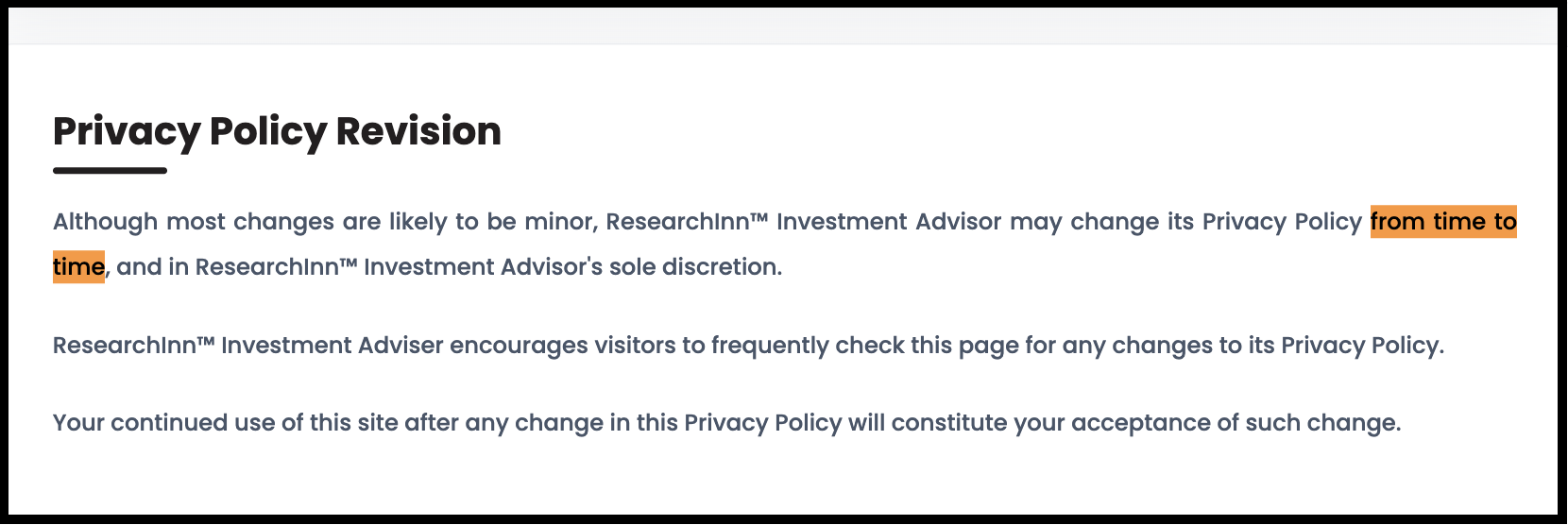 ResearchInn Investment Advisor Privacy Policy revision terms and changes clause
