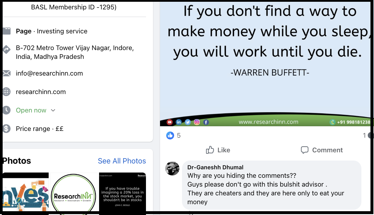 Facebook page screenshot showing user comments regarding hidden comments and complaints