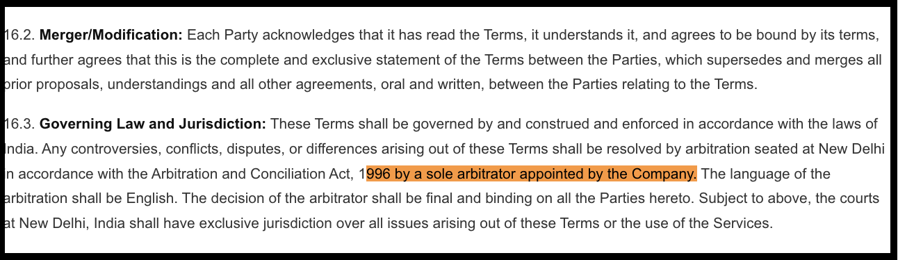 Terms and conditions excerpt showing the arbitration clause and sole arbitrator appointment.