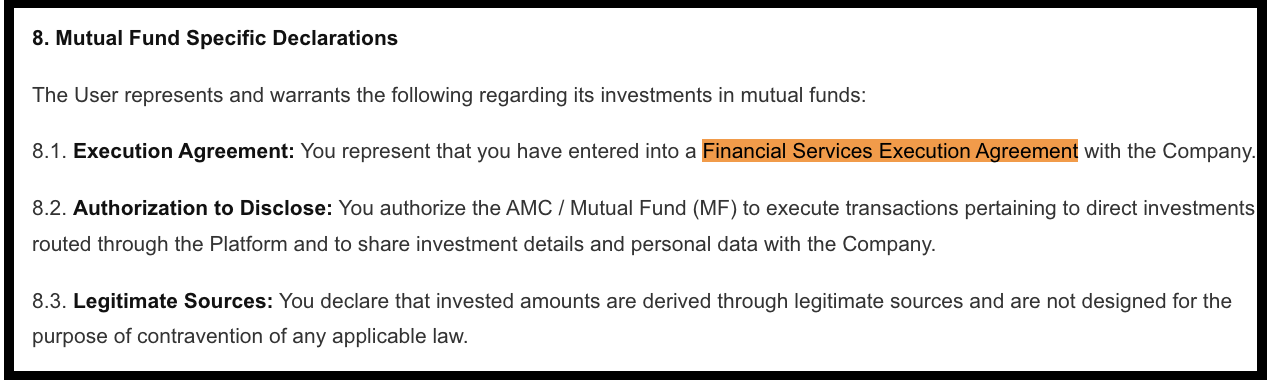 Terms and conditions clause highlighting the Financial Services Execution Agreement terms.