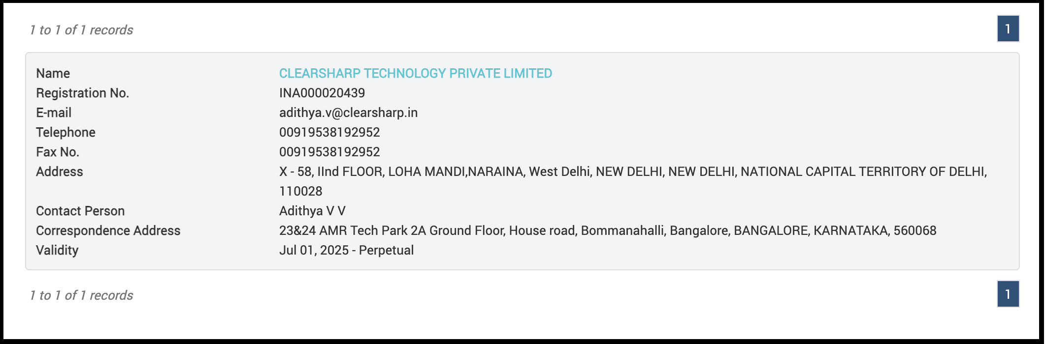 SEBI registration details table and corporate metadata for Clearsharp Technology Private Limited.