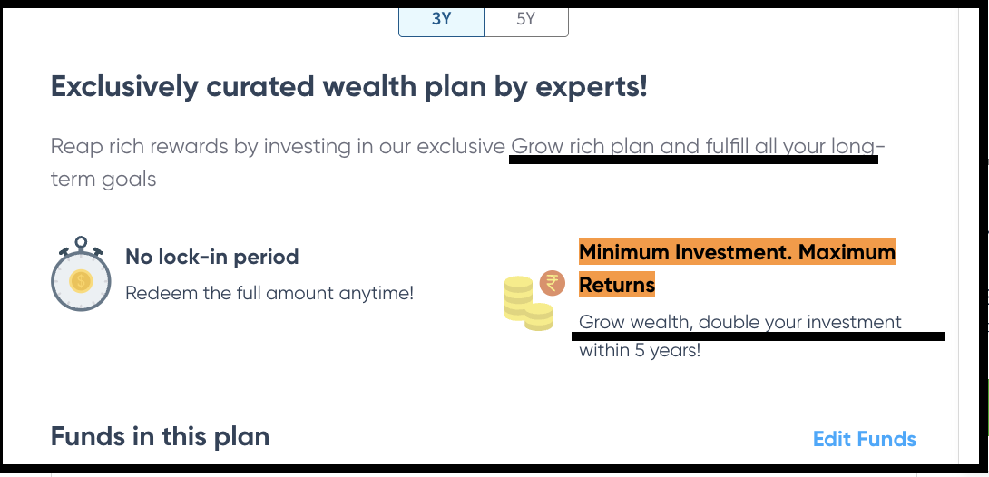 Curated Grow Rich investment plan interface showing portfolio highlights and return claims.