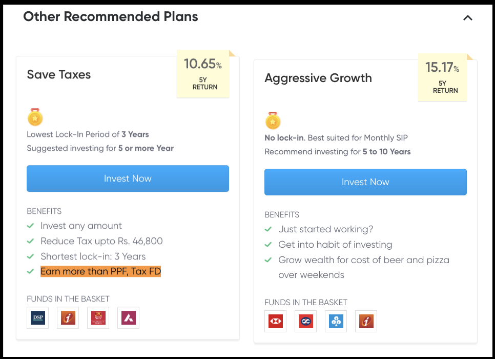 Black app interface showing alternative investment plans including Save Taxes and Aggressive Growth options.