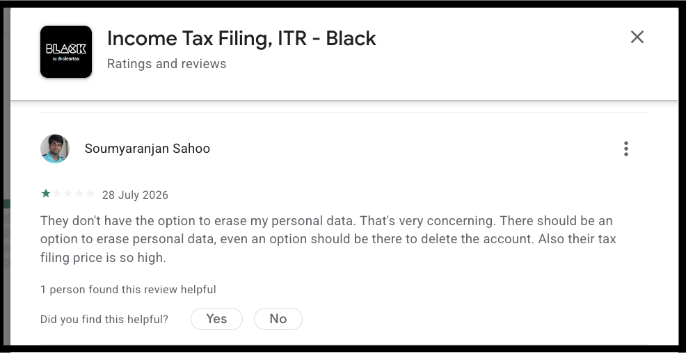 Google Play store review highlighting data deletion and account privacy concerns for the Black app.