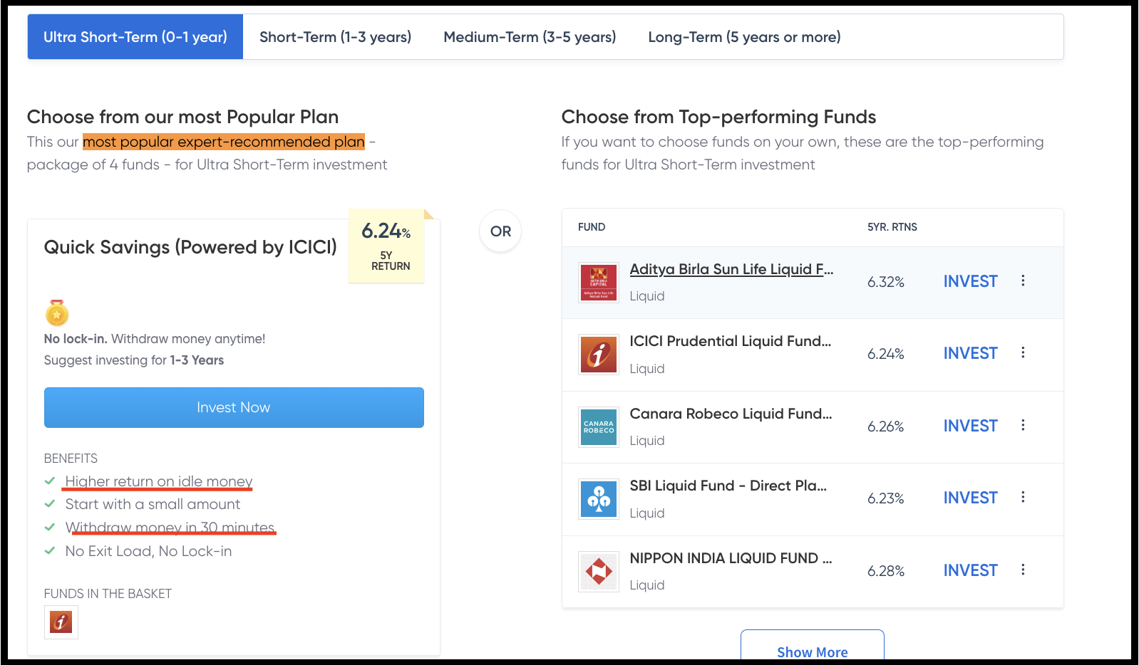 Black app interface showing the Quick Savings plan and top-performing liquid fund options.