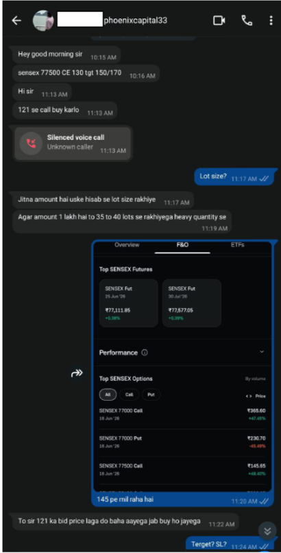WhatsApp chat evidence showing Sensex option trading recommendations and heavy lot size advice from Pheonix Capital Research