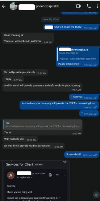 WhatsApp chat evidence showing loss recovery assurance and sure and safe levels promise from Pheonix Capital Research