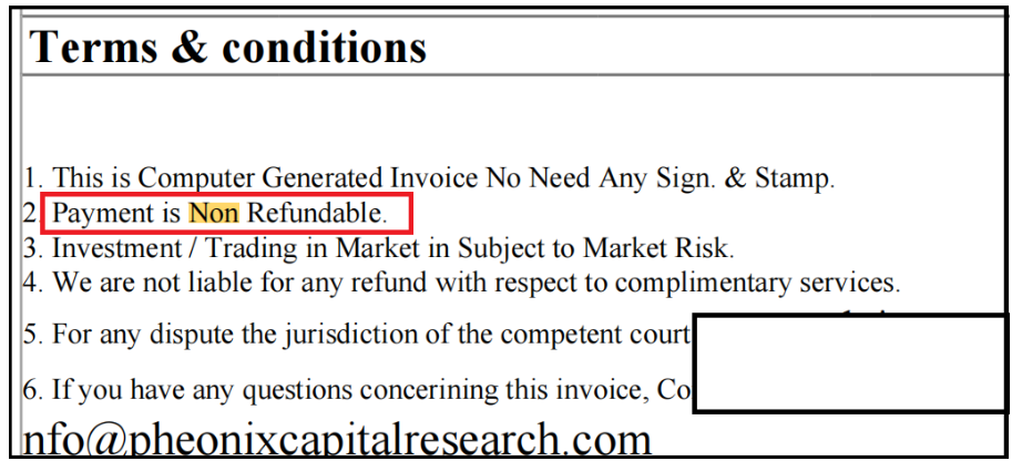 Non-refundable clause and terms on a Pheonix Capital Research invoice