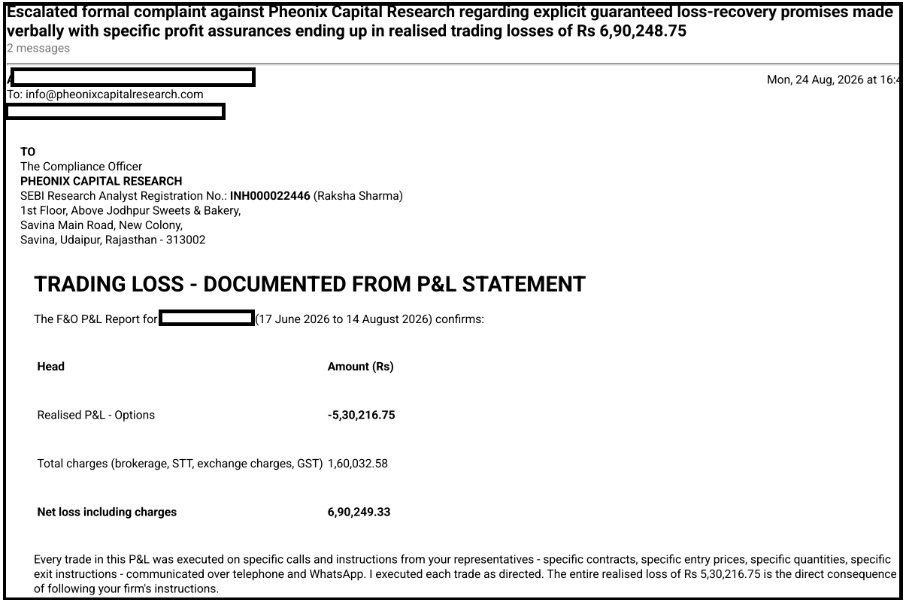 Escalated complaint against Pheonix Capital Research