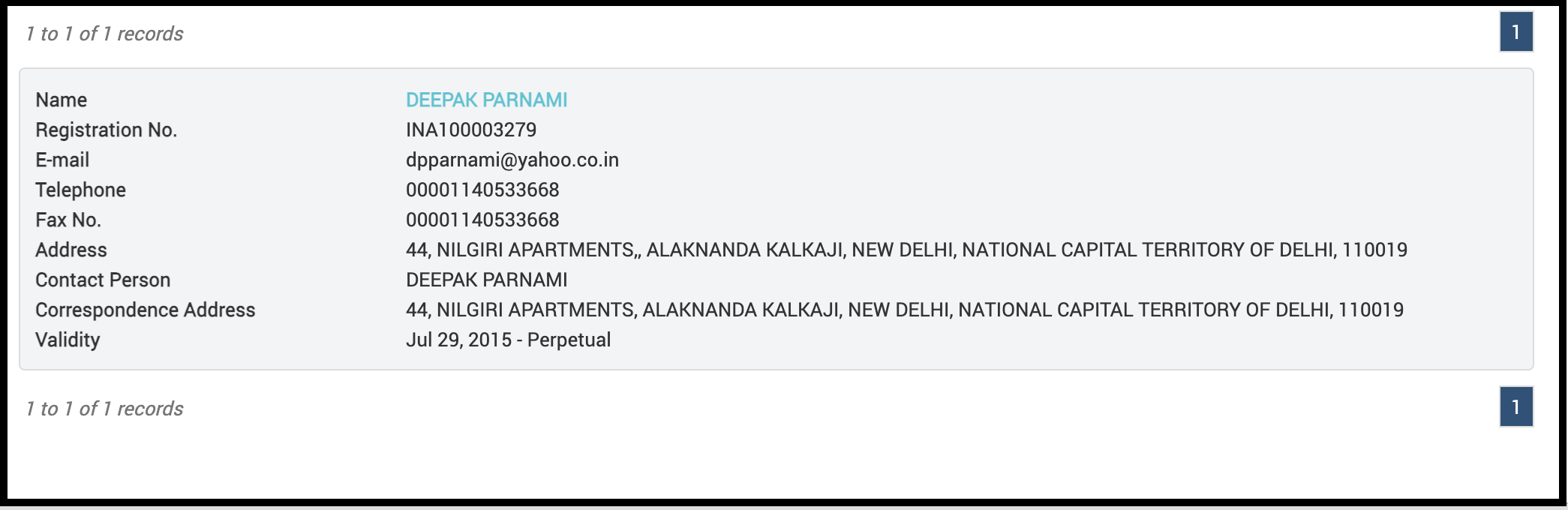 SEBI registration details for Deepak Parnami