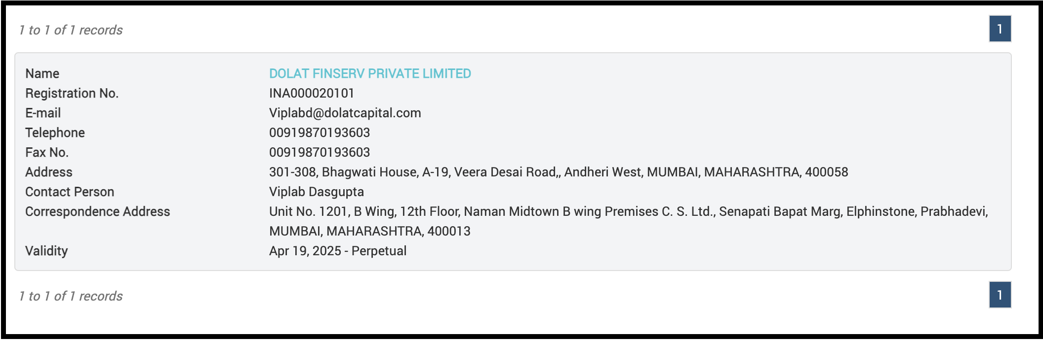 Dolat Finserv Private Limited SEBI registration details