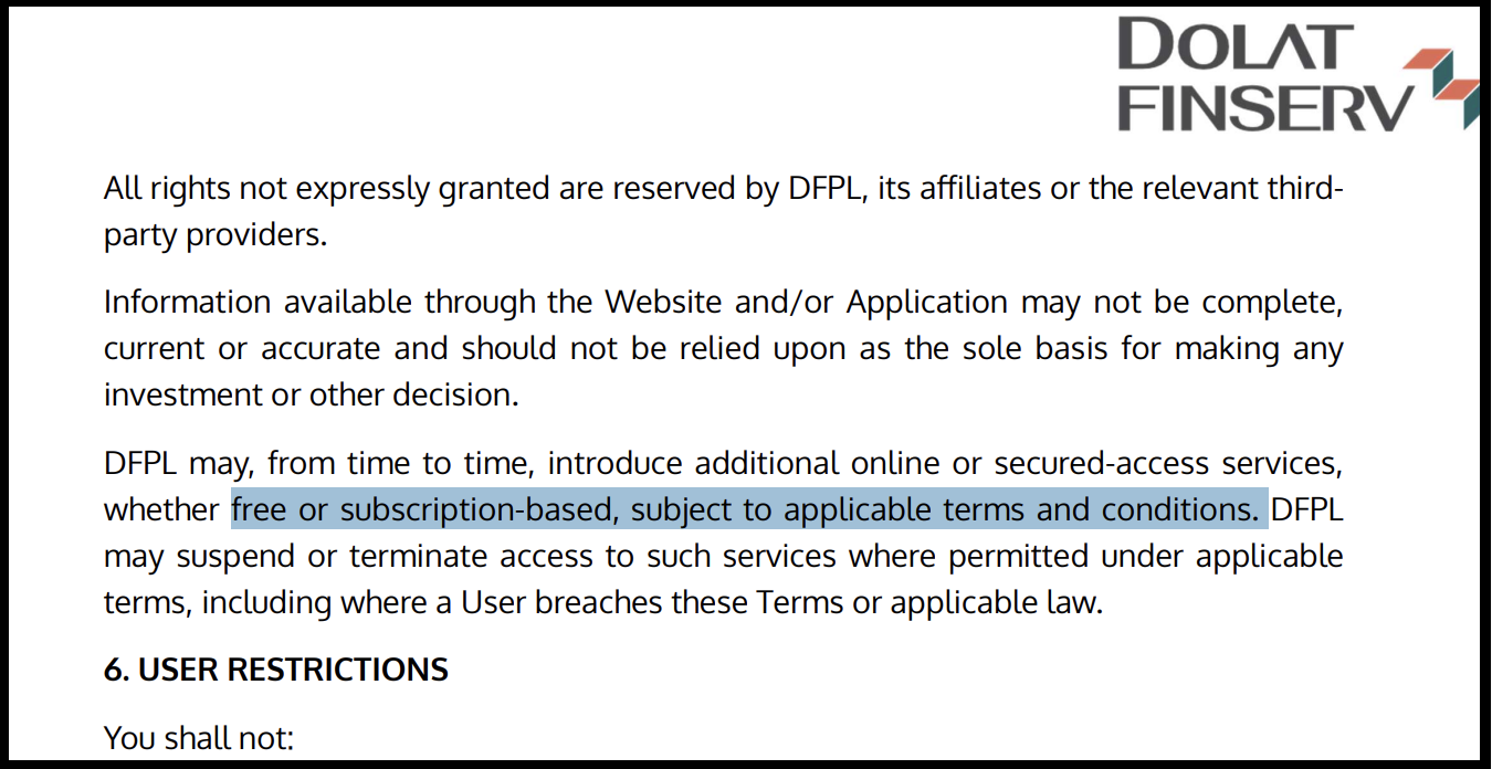 Dolat Finserv Private Limited Terms of Use and user restrictions excerpt