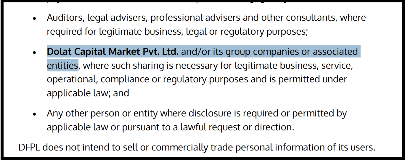 Dolat Finserv Private Limited privacy policy data sharing with group companies